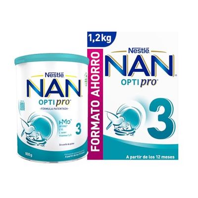 Nestle NAN Optipro- Mega Pack Leche de continuación en polvo fórmula Nan Optipro 3 800g LATA + Nan Optipro 3 1200g para bebés Estuche