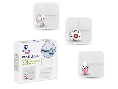 Portapillole quadrato con 4 scomparti, design funzionale, ideale per organizzare medicinali e integratori quotidiani.