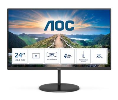 AOC Q24V4EA - 24 Inch QHD Monitor, 75Hz, 4ms, IPS, Adaptive Sync, Speakers, FlickerFree (2560x1440 @ 75Hz, 250cd/m², HDMI 1.4 x 1, DisplayPort 1.2 x 1 ), black