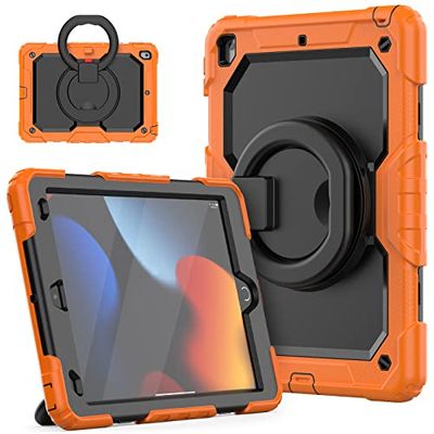 Amazon Brand Case Compatible with iPad 10.2 Inch, 2021/2020/2019 Model, Full Body Shockproof Protection Cover with 360 Degree Rotating Stand Hand Strap Shoulder Strap for iPad 9/8/7, Orange