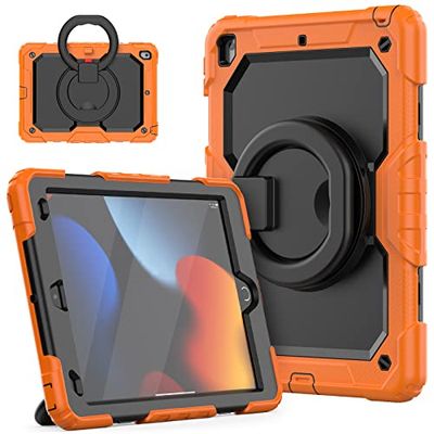 HUEZOE Case Compatible with iPad 10.2 inch Model 2021/2020/2019 Full Body Shockproof Protection Cover with 360 Degree Rotating Stand for iPad 9/8/7, Orange