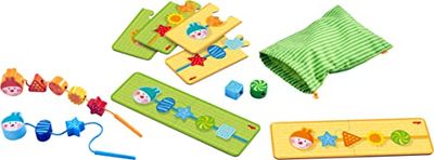 HABA 304653 Threading Game caterpillar, 4 double sided task cards and 10 wooden pieces, with game idea for 2 children, ages 18 months and up (Made in Germany)