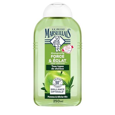 Le Petit Marseillais | Shampooing Force & Éclat Pomme & Olivier Bio (flacon de 250 ml) – Shampoing brillance optimale pour tous types de cheveux – 98 % d'ingrédients d'origine naturelle