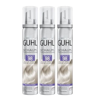 Guhl Set per capelli grigi, biondo chiaro, biondo chiaro e bianco, 3 x 100 ml – Colore 98 – Biondo argento – per capelli grigi, biondi chiari e bianchi – Tenuta delicata, volume e lucentezza del