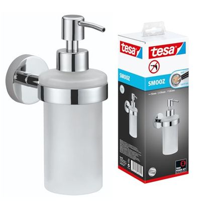 tesa Dispensador de sabão de mãos Smooz, garrafa de vidro acetinado para sabão líquido com suporte cromado inoxidável, inclui solução autocolante de montagem, 200 ml