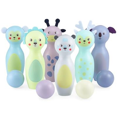 Mamabrum Juego Bolos Infantiles Madera - 6 Figuras Animales en Colores Pastel y 4 Bolas - Juguetes Niños para Desarrollo Motriz - Juegos Infantiles Interior y Exterior