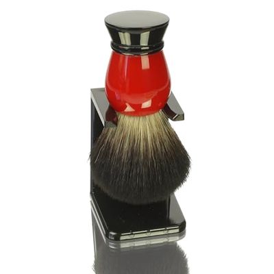 Portabrochas de afeitar de plástico negro con brocha de afeitar de pelo sintético rojo y negro