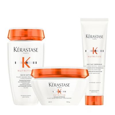 Kérastase Nutritive, Rutina nutritiva para el cabello, Baño Bain Satin + Mascarilla Masquintense + Protector Térmico Nectar Thermique, Para cabello seco y sensibilizado