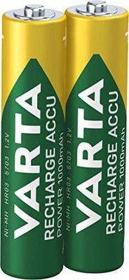 VARTA Pilhas AAA, recarregáveis, embalagem de 2, Recharge Accu Power, bateria recarregável, 1000 mAh Ni-MH, sem efeito de memória, pré-carregadas, prontas a usar