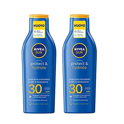 NIVEA SUN Latte Protect & Hydrate FP 30 2 x 200 ml, krem przeciwsłoneczny 30, nawilżający do 48 h, wodoodporny krem przeciwsłoneczny 30 z witaminą E przeciwutleniaczem