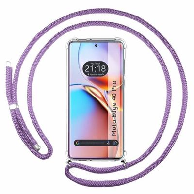 Tumundosmartphone Custodia a sospensione trasparente per Motorola Edge 40 Pro 5G con cordon viola