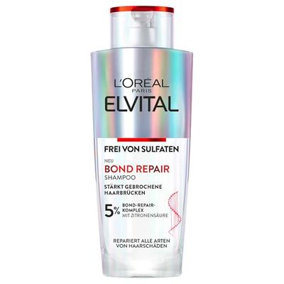 L'Oréal Paris Elvital Bond Repair Shampooing réparateur en douceur pour les cheveux, pour moins de casse et plus de brillance, sans sulfate, avec complexe Bond Repair et acide citrique 200 ml