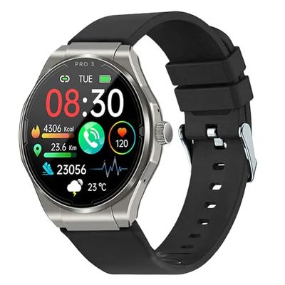 Knauermann PRO 3 (2024) zilver - gezondheidshorloge smartwatch met telefoonfunctie - ECG + HRV en SOS-functie - AMOLED-display, BT Bluetooth - slaapapneu - siliconen band zwart, 14-24, rond, zwart,