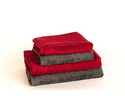 Sancarlos - Set of 4 Ocean Duo Hand Towels, 2 Basins and 2 Bath Towels, Dark Grey and Garnet Red, 100% Cotton, 550 GSM
