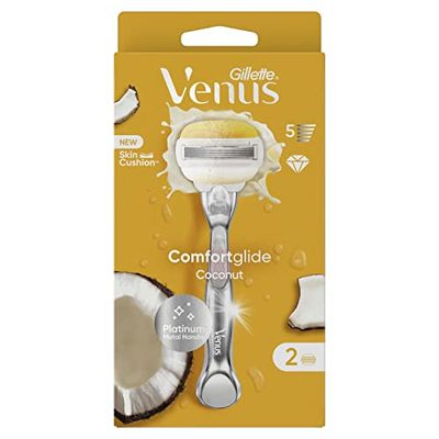 Gillette Venus Comfortglide RASOIO DONNA Cocco Plus Olaz, 2 LAMETTE DONNA RICAMBIO (da 5 Lame) e 1 Manico, per una Rasatura Liscia e Profonda, Skin Cushion con Idratante Olaz, idea regalo