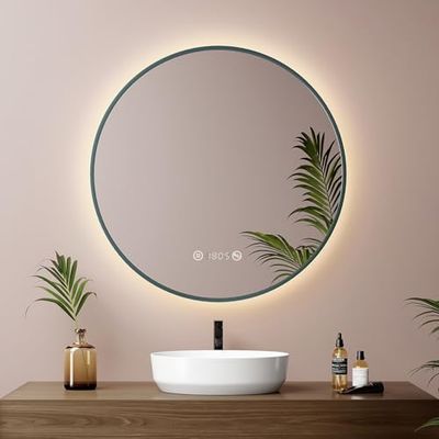 EMKE Ronde Badkamerspiegel Met Verlichting, 60 cm, Donkergroen, Dimbaar, Condensvrij, Met Klok en Temperatuurweergave, LED-Verlichting en Neutraal Licht