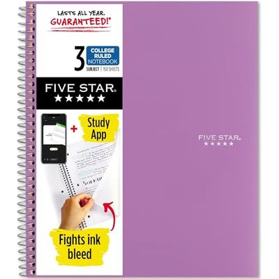 Five Star Spiraal Notebook, 3 subject, college gelijnd papier, 150 vellen, 11" x 8-1/2, paars (38746)