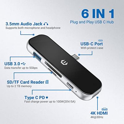 BIGBIG WON USB C Hub, 6 in 1 USB C Hub LAN avec Fonction de Charge Rapide PD 100W et Prise Casque 3,5 mm, Port USB pour Surface, Dell, HP, Lenovo, XPS et Autres appareils de Type C