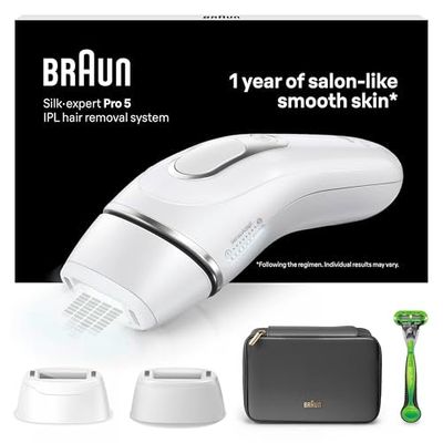 Braun Silk·expert Pro 5 Epilatore LUCE PULSATA, Epilazione A Casa, Alternativa All’Epilazione laser, Con Custodia, Rasoio Uomo Gillette, 2 Testine, Idea Regalo, Bianco/Oro, PL5145