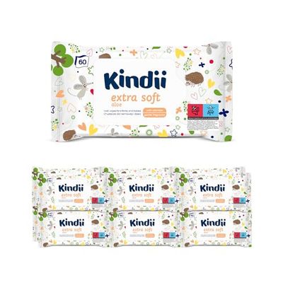 Kindii Chusteczki nawilżane dla niemowląt i dzieci, ekstra miękki aloes, działanie ochronne, nawilżające, regenerujące, delikatny zapach, alantoina, emolliet, aloes, neutralne pH - 720 szt. - 12 x 60