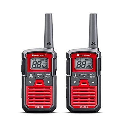 Midland XT10 PRO Doble, Walkie Talkie Profesional, 16 Canales PMR446 y Canal RRM, 38 Tonos CTCSS, Resistente a Salpicaduras, Recargable por USB (no incluido), Alcance 4 Km, Rojo/Negro, 2 Unidades