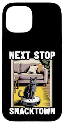 Next Stop Snacktown Cat Robot Vacuum Cleaner Cat Case for iPhone 15