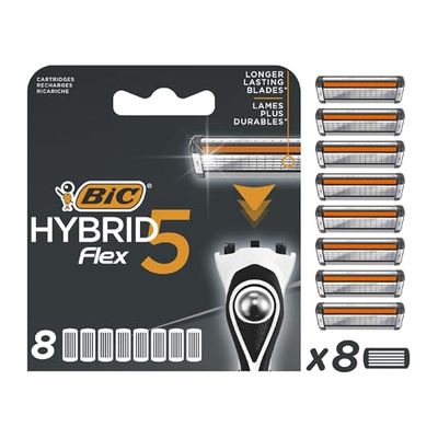 Bic Hybrid 5 Flex Men's Razor Refills with 5 Moveable Nano-Tech Titanium Blades - Box of 8 Cartridges, Black/White