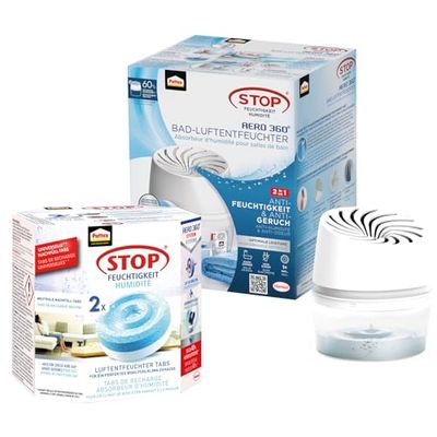 Pattex AERO 360° luchtontvochtiger voor de badkamer en 3x 450 g navullingstabletten, vermindert vocht en nare geurtjes, apparaat incl. 3 navullingstabletten