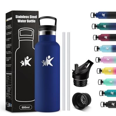 KollyKolla Thermosfles voor kinderen, 500 ml, drinkfles met rietje, BPA-vrij, roestvrijstalen drinkfles, gemakkelijk te reinigen, lekvrij, voor kantoor, school, camping, fitnessstudio, reizen