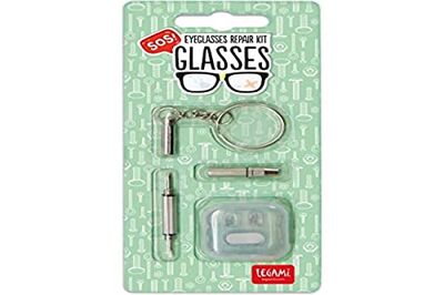 Legami - Kit de réparation de lunettes, SOS Glasses, H 9 cm, en plastique et métal, mini tournevis porte-clés avec embout en croix et une plate de 1,7 mm, 6 vis, 2 protections de rechange pour le nez