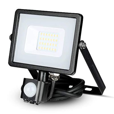V-TAC VT-20-S-W, Faro LED Chip Samsung 20W con Sensore di Movimento e Crepuscolare e Interruttore Manuale di Bloccaggio Colore Nero 4000K IP65
