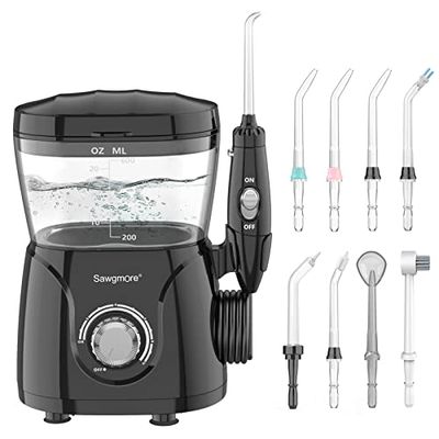 Sawgmore Jet Dentaire Hydropulseur, Hydropulseur Dentaire Professionnel avec 8 Busettes Multifonctionnelles, 10 réglages de pression d'eau, 600ML Irrigateur Dentaire Pour Les soins Familiaux Blanc