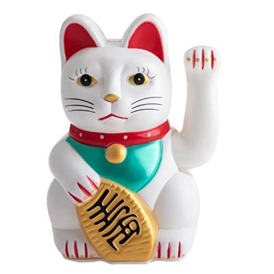 lachineuse - Maneki Neko Blanc avec Bras Qui Bouge - Statue Chat Japonais Porte-Bonheur - Statuette 18 cm avec Bras Mobile - Objet Kawaii Déco - Idée Cadeau Japon Asie - Chance, Bonheur, Fortune