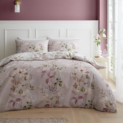 Bianca Francesca Floral 200 Thread Count Cotton Reversible Super King Duvet Cover Set with Pillowcases Cream Pink