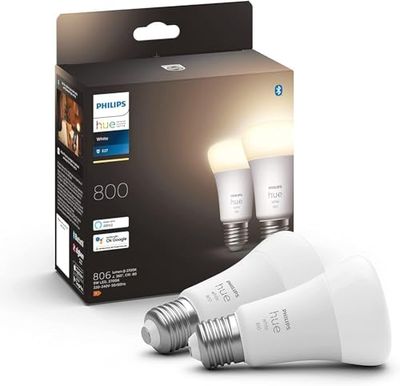 Philips Hue White Lampadina Smart LED, Attacco E27, 9 W, Luce Bianca, Dimmerabile, Controllo con Bluetooth e Hue App, Funziona con Alexa, Google Assistant e Apple HomeKit, Pack da 2