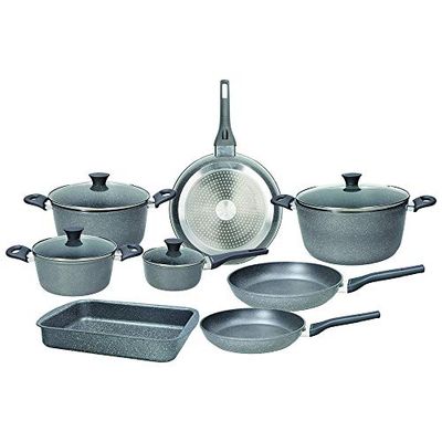 Tognana Phaetra Style, batterie de casseroles et poêles, set de 3 poêles, 4 casseroles, 4 couvercles transparents, 1 lasagnoire, 12 pièces, aluminium, gris