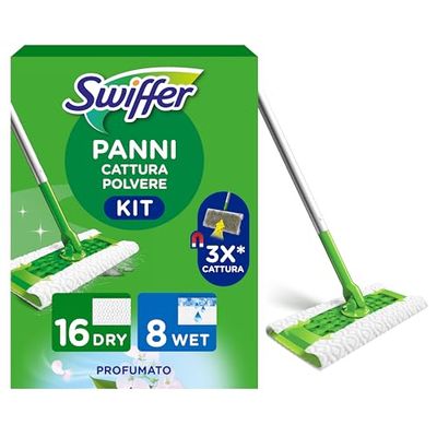 Swiffer Panni Catturapolvere, 1 Scopa E 16 Ricariche Dry + 8 Panni Lavapavimenti Wet, Cattura E Intrappola Polvere E Sporco, Raggiunge I Punti Più Difficili, Ottimo Per Tutti I Tipi Di Pavimenti