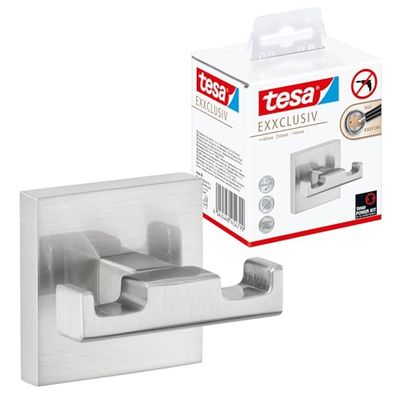 tesa EXXCLUSIV - Gancho Adhesivo Doble - Montaje sin Taladrar - Alta Fuerza de Fijación con Tecnología Power.Kit - 50 x 80 x 43 mm - Acero Inoxidable