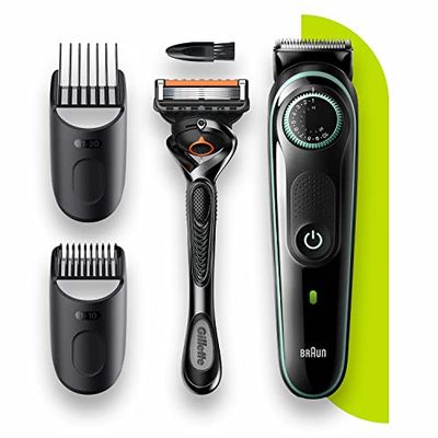 Braun Barba Trimmer 3 BT3341, tagliacapelli per uomo, tagliaerba, viso, capelli, lame affidabili, 39 impostazioni di lunghezza, nero/verde