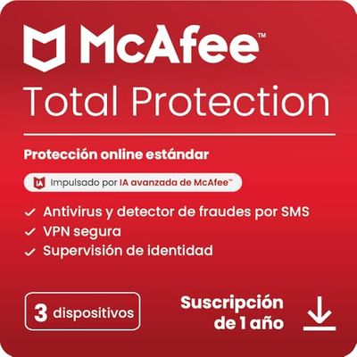 McAfee Total Protection para 3 dispositivos, 2025 |12 meses | VPN segura, el software de seguridad incluye antivirus, gestor de contraseñas, supervisión de identidad | Descarga digital