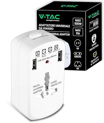 V-TAC Adaptateur Universel de Voyage avec Prise USA, Europa, UK, AUS avec Ports 2 USB - Prise de Courant Internationale de Voyage avec Protection de Surcharge pour appareils électriques