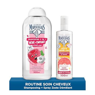 Le Petit Marseillais Shampooing 2 en 1 Bébé & Enfant Démêlant Framboise Bio & Coton, 300ml + Spray Zeste Démêlant Pamplemousse & Jasmin, 200ml (Lot de 2) Routine soin cheveux 95% d'origine naturelle