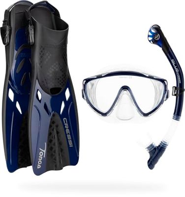 CRESSI Tino Adventure Set Clear/Blue Navy [S/M] - Kit pour la Plongée et Le Snorkeling Palmes Tonga, Masque Tino et Tuba Scilla, Transparent/Bleu Navy, S/M, Adultes