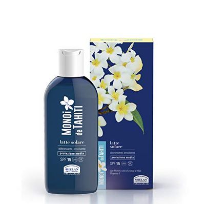 Helan, Monoi de Tahiti - Crema Solare SPF 15, Crema Abbronzante Corpo Fluida Water Resistant con Protezione Solare Media, Crema Corpo Profumata Idratante con Vitamina E e Olio Crusca di Riso, 200 ml