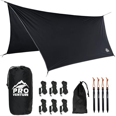 Pro Venture Waterdichte hangmat regenvlieg [3,7 m x 2,7 m] - draagbaar groot campingzeil - premium lichtgewicht ripstop nylon hoes - snelle installatie + accessoires - een essentiële