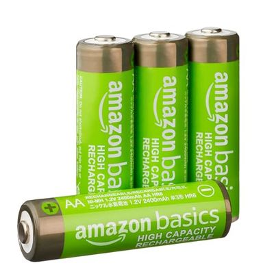 Amazon Basics - Pacote de 4 pilhas recarregáveis AA NiMH de alta capacidade, 2400 mAh, recarregáveis até 400 vezes, pré-carregadas