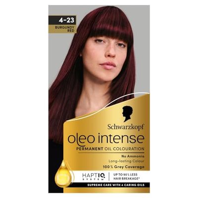 Schwarzkopf Oleo Intense Permanent Oil Colour 4-23 Burgundy Red Hair Dye, 100% Grey Coverage, Conditioner with HaptIQ System, Long-Lasting Colour, Ammonia Free Hair Dye