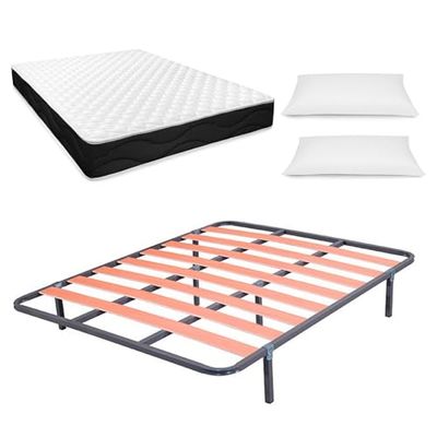 amuéblate online - Cama Completa con Colchón Venus Reversible + Almohadas + Somier de Láminas Basic con 6 Patas Abrazadera, 150 x 190