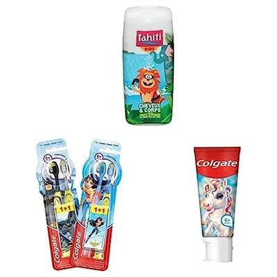 COLGATE- Lot Gel Douche Tahiti Enfant - Pique Pas les Yeux Brosse à Dents Enfants 6+ - 2 - Modèles et coloris aléatoires - Dentifrice Enfant Colgate - Goût Orange Mangue - 6 ans et Plus