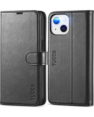 TUCCH Beschermhoes voor iPhone 13 5G, schokbestendig, TPU, beschermhoes voor iPhone 13, PU-leer, portemonnee, RFID-blokkering, standaard, kaartsleuven, beschermhoes voor iPhone 13 (6,1"), zwart